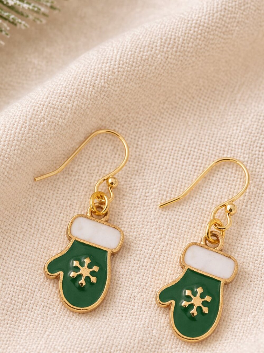 Green Christmas Mitten Dangle Earrings Snowflake Enamel Holiday Gift